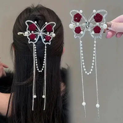 Fashion Red Rose Butterfly Tassel Hairpin Hair Clip